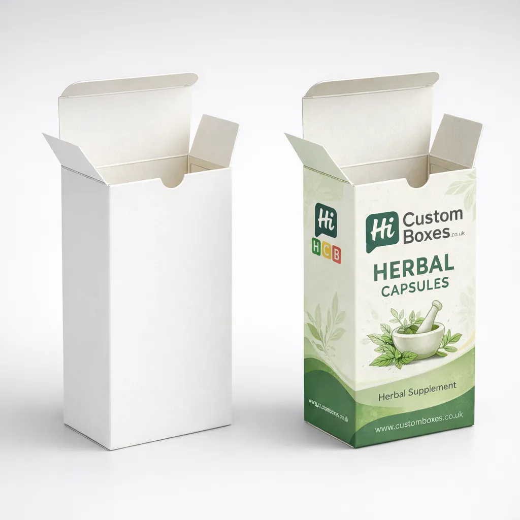Two tall tuck-end boxes, one blank white and one printed with green medical supplement graphics.